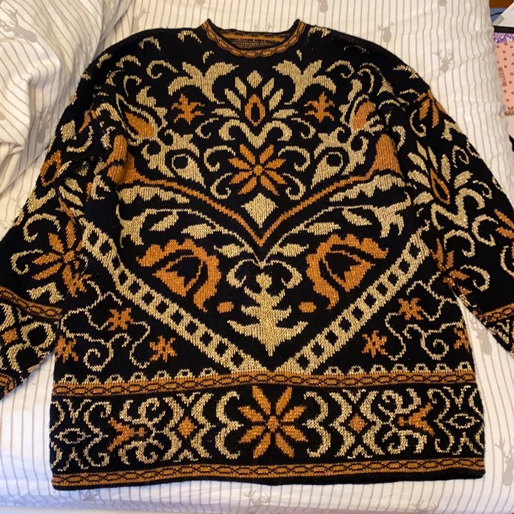 Black orange and gold sparkle sweater